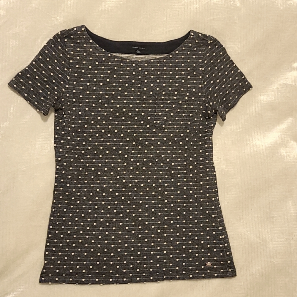 Tommy Hilfiger Blue/ denim and white dots short sleeve top / shirt sz xs